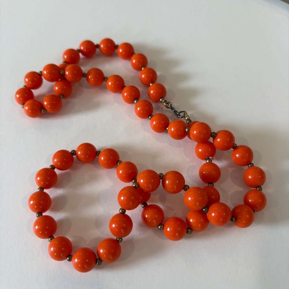 Vintage 1950s Orange Beaded Necklace – 22" Length, Brass Spacers